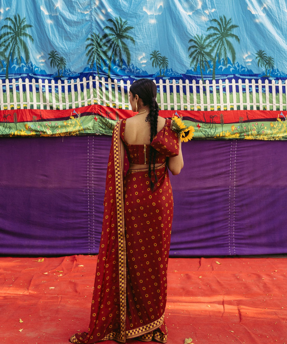 Cherry Red Printed Sari Set