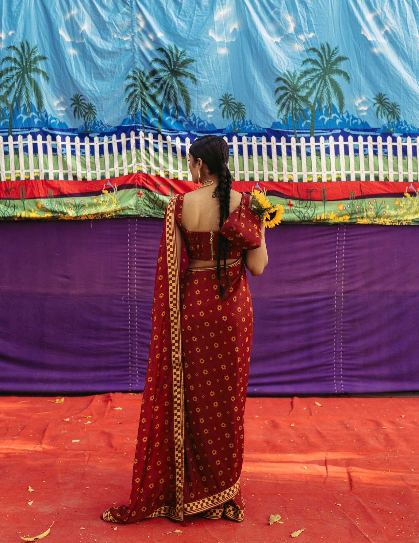 Cherry Red Printed Sari Set