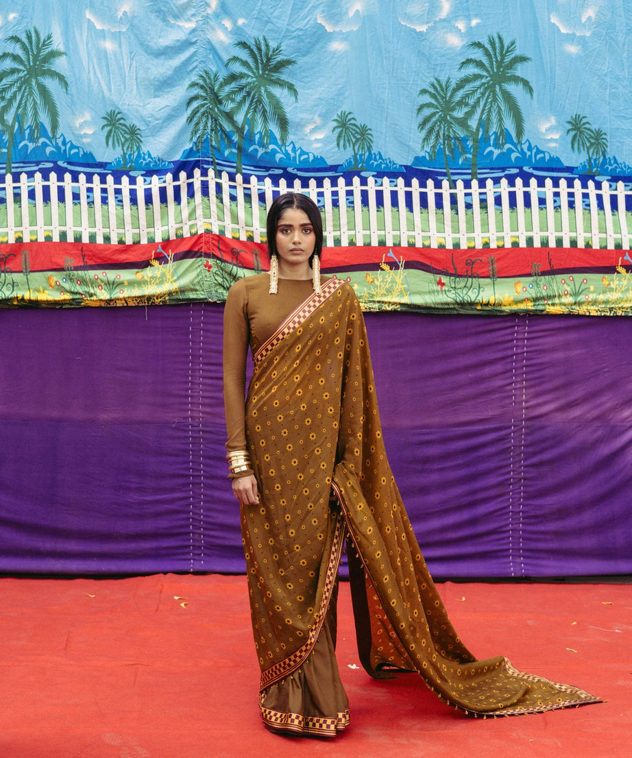 Mehendi Ochre Printed Sari Set