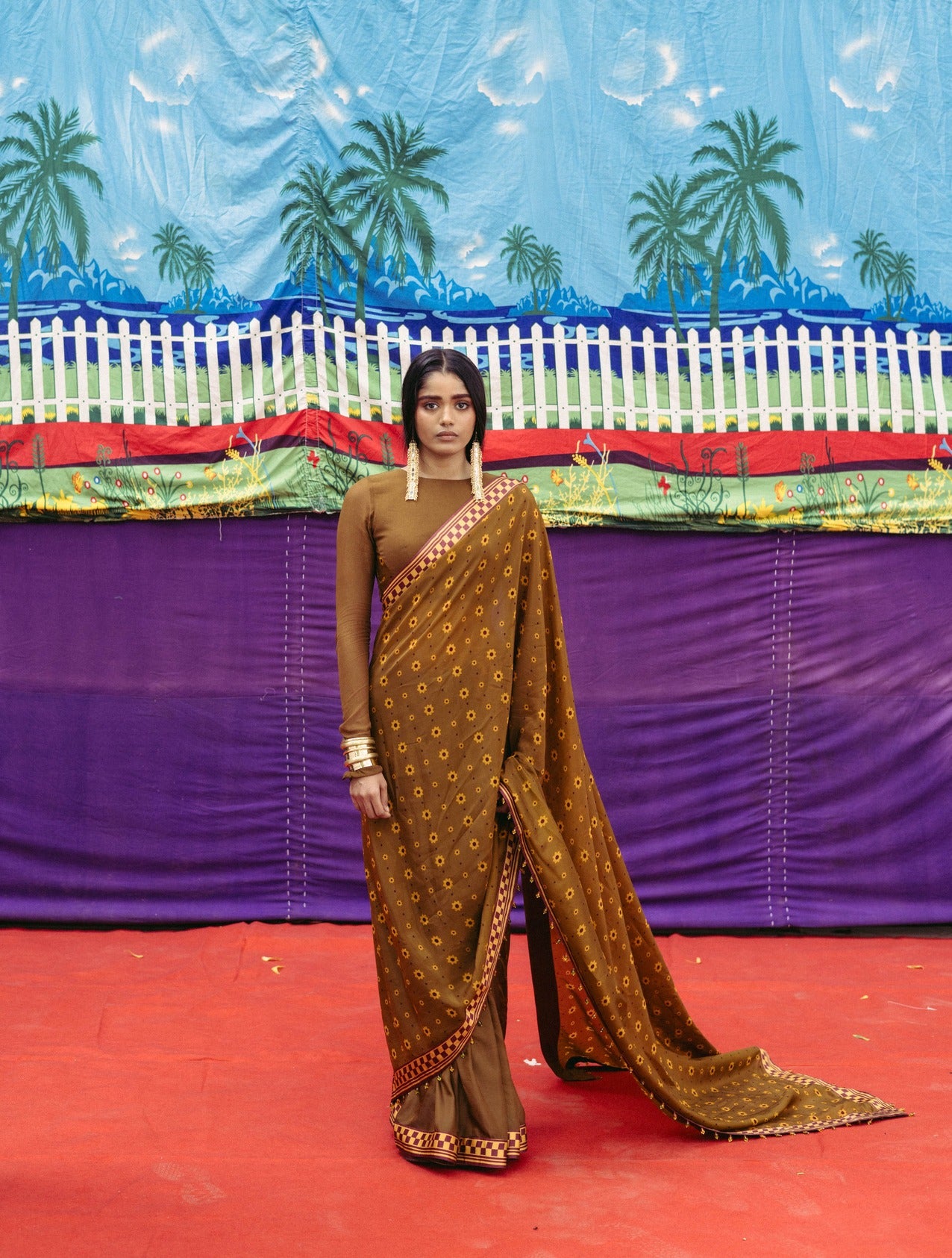 Mehendi Ochre Printed Sari Set