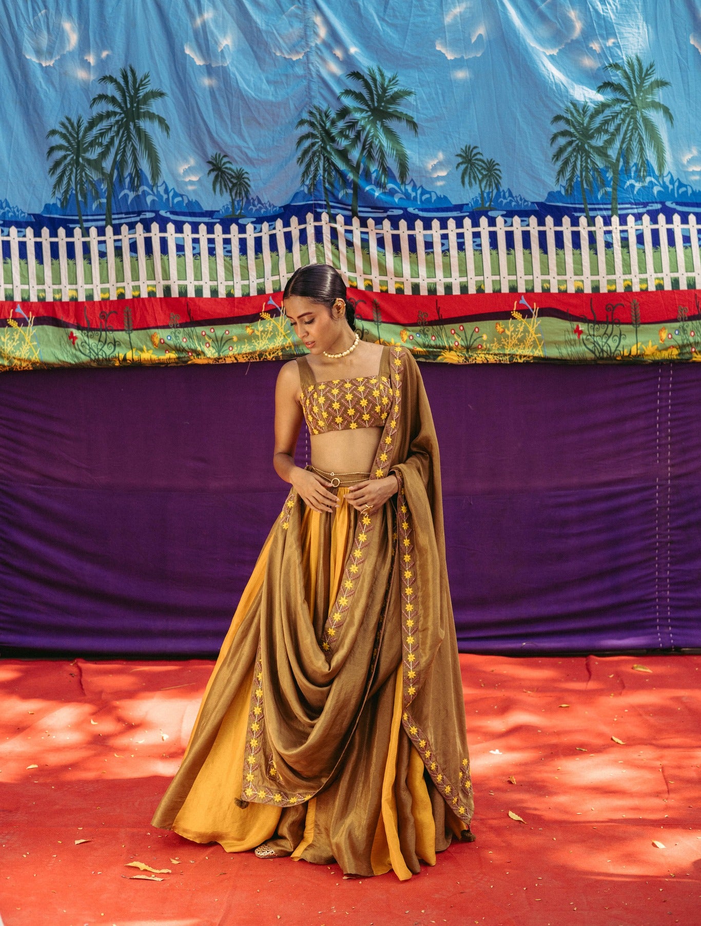 Embroidered Color Block Lehenga Set