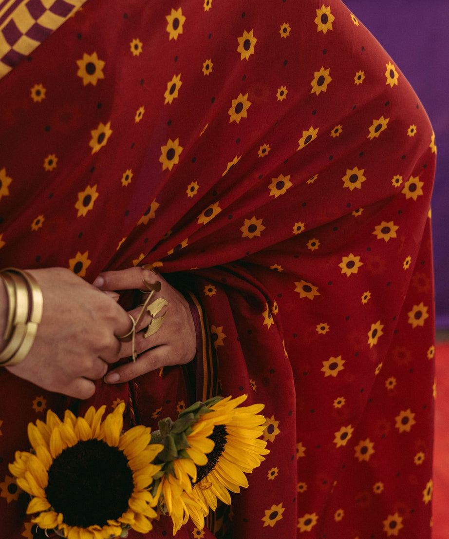 Cherry Red Printed Sari Set