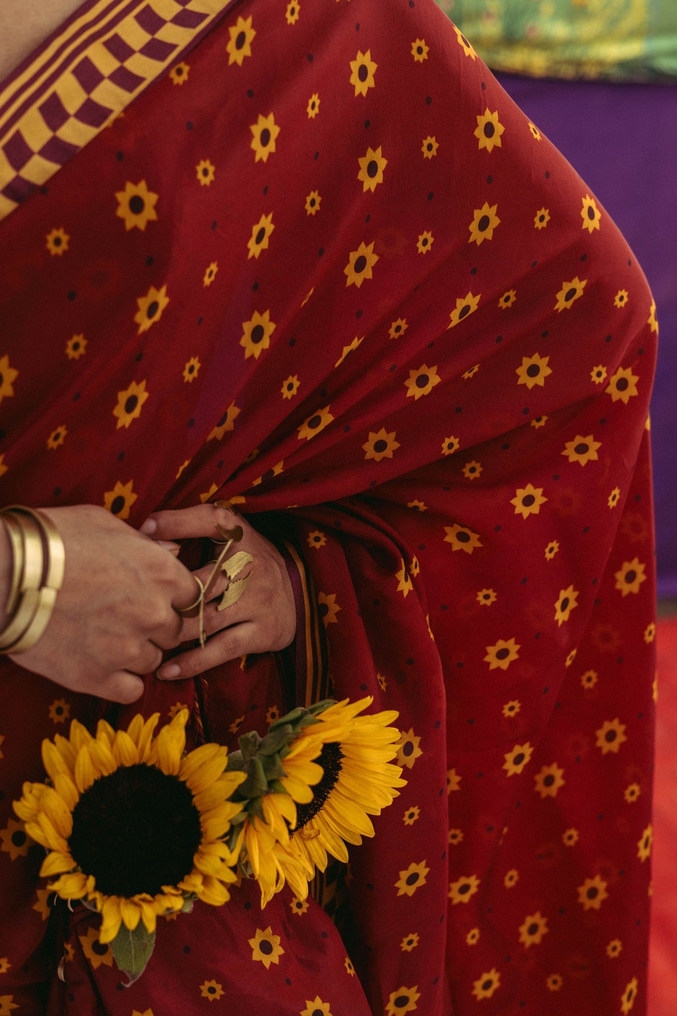 Cherry Red Printed Sari Set