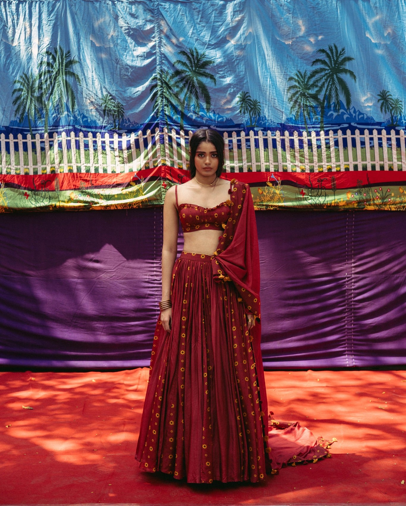 Cherry Red Printed Lehenga Set