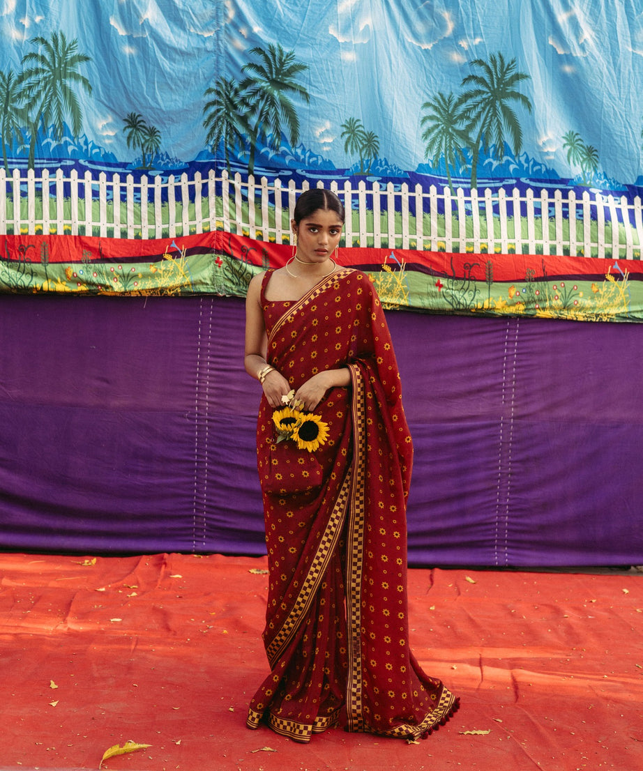 Cherry Red Printed Sari Set