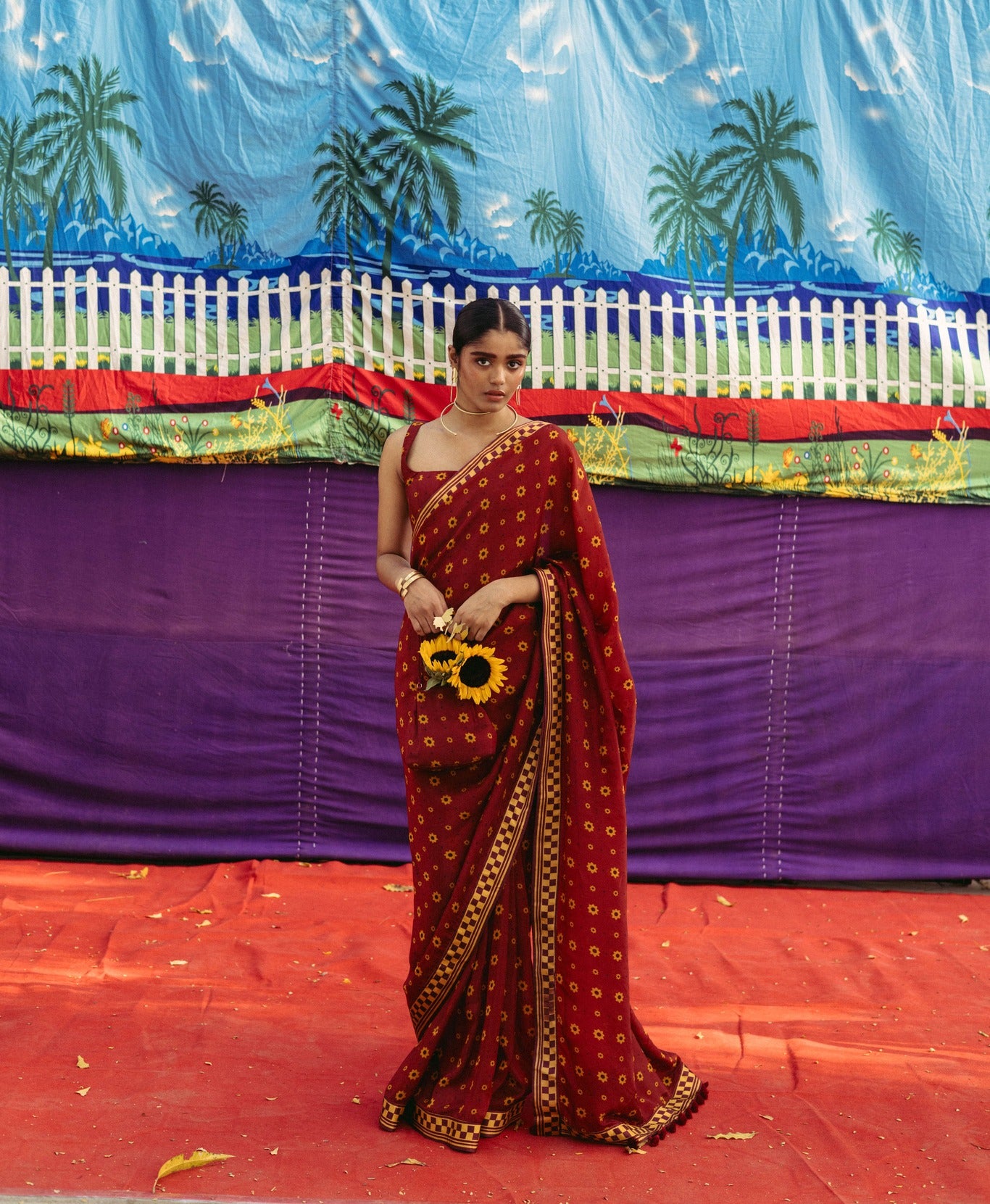Cherry Red Printed Sari Set
