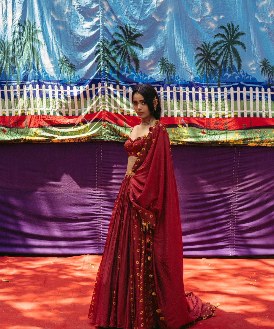 Cherry Red Printed Lehenga Set
