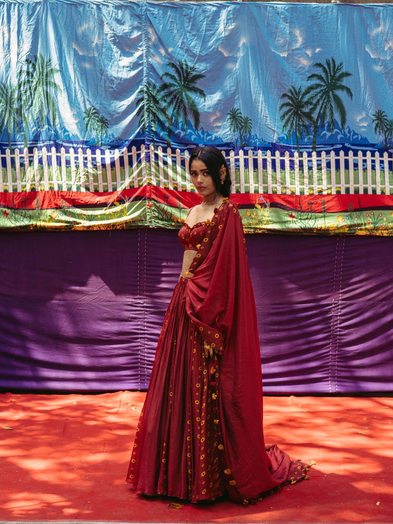 Cherry Red Printed Lehenga Set