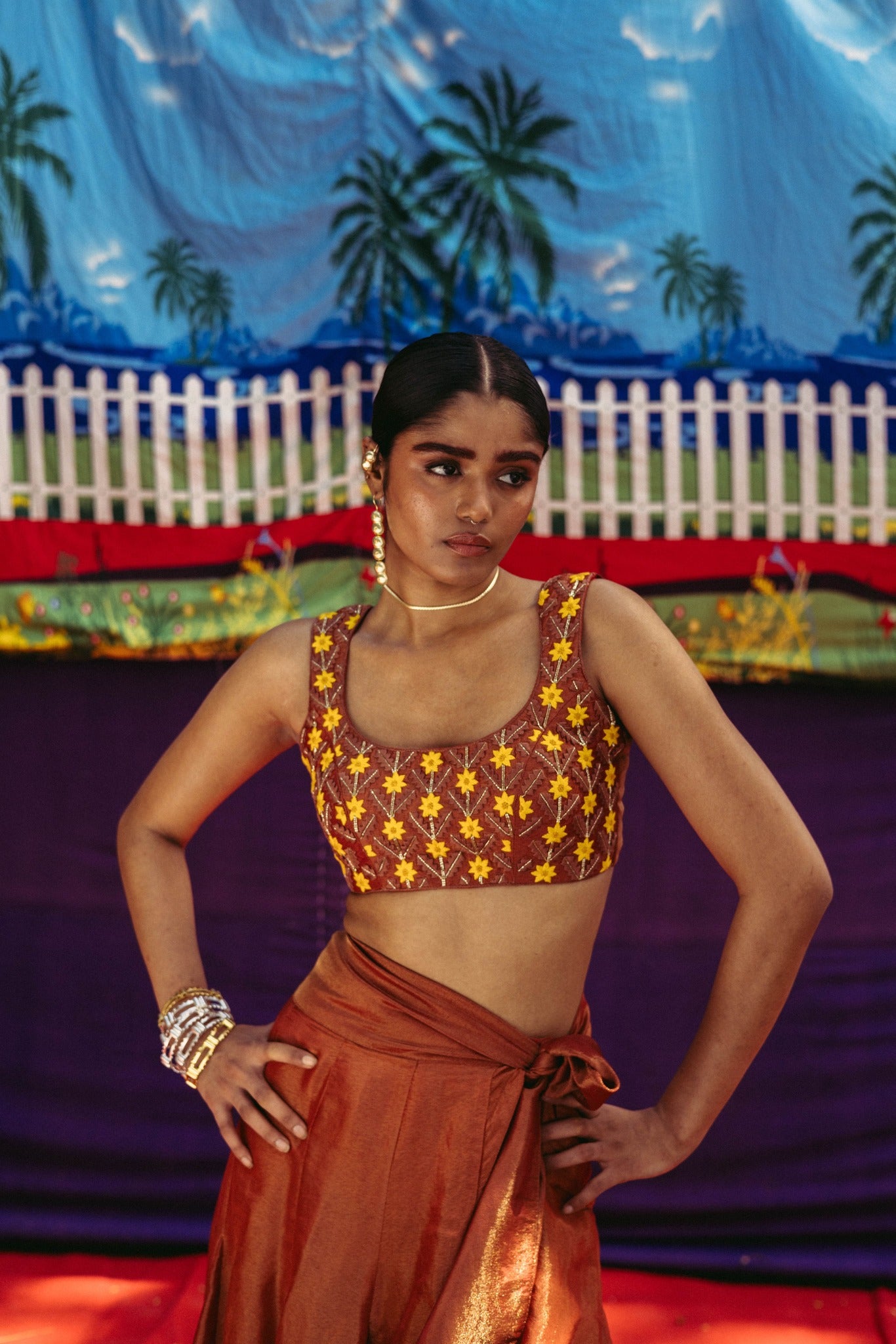 Red Embroidered Blouse Wrap Skirt Set