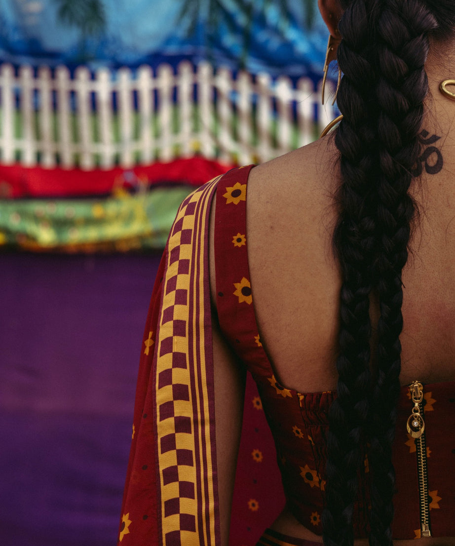 Cherry Red Printed Sari Set