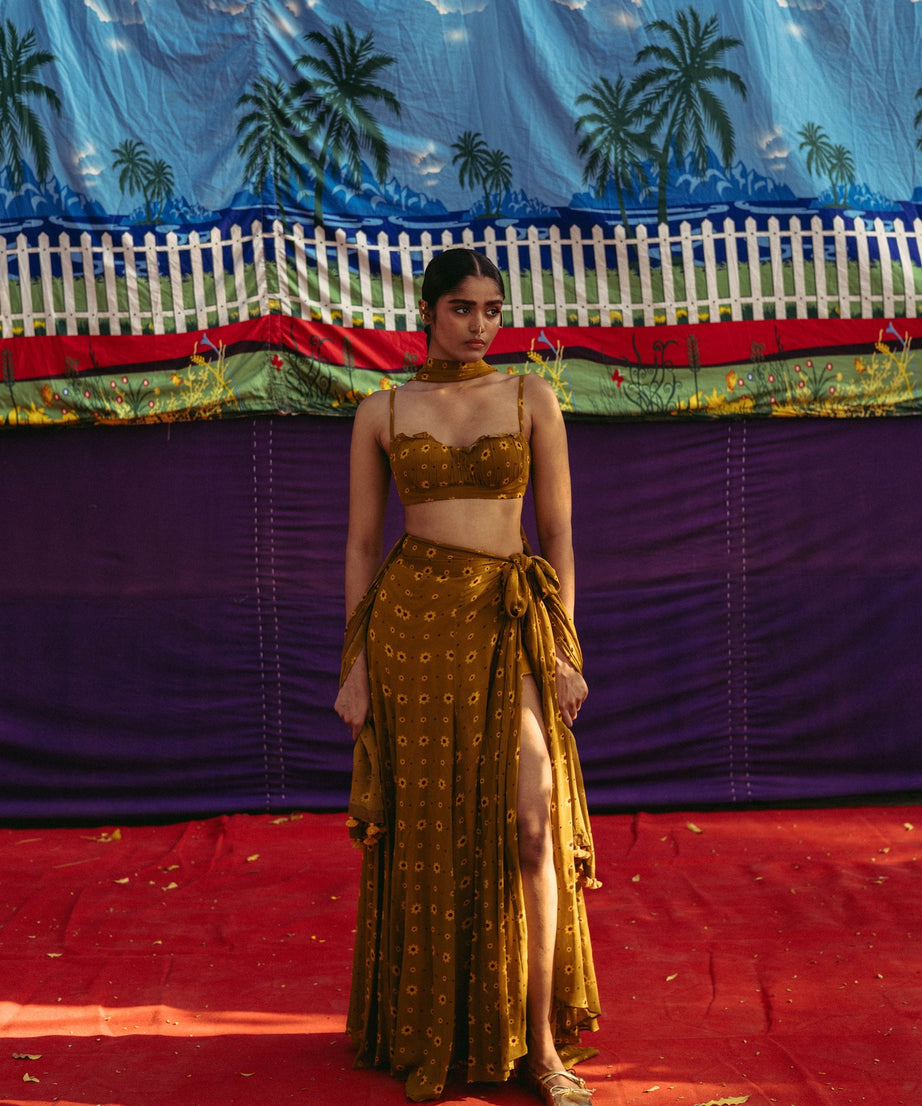 Mehendi Ochre Printed Wrap Skirt Set