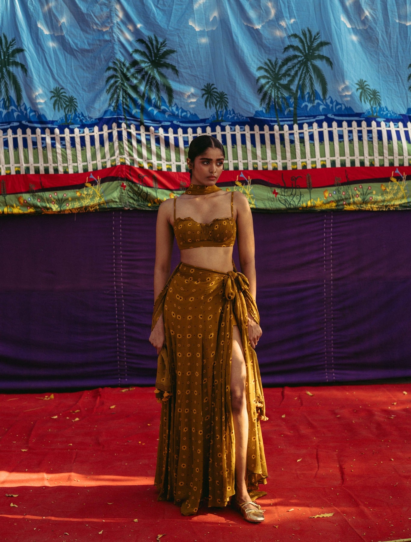 Mehendi Ochre Printed Wrap Skirt Set