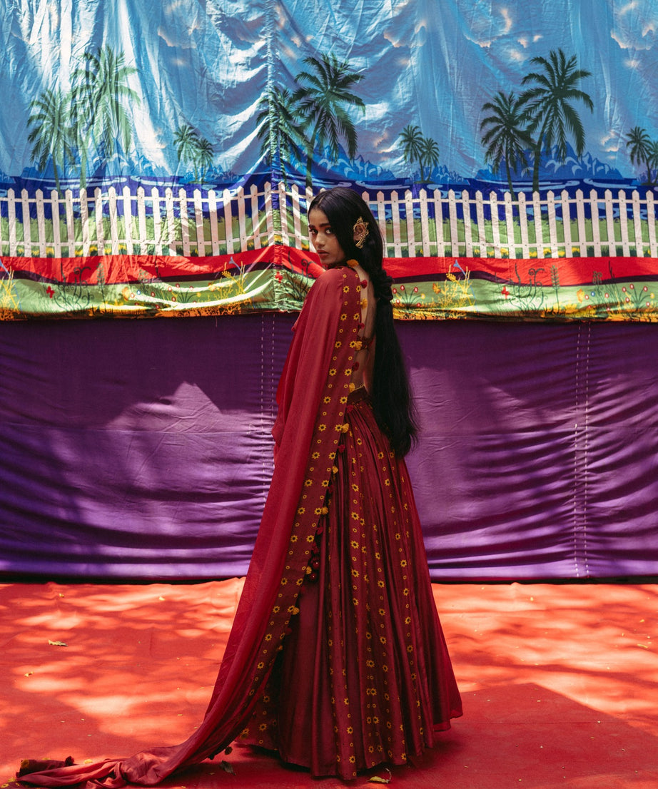 Cherry Red Printed Lehenga Set