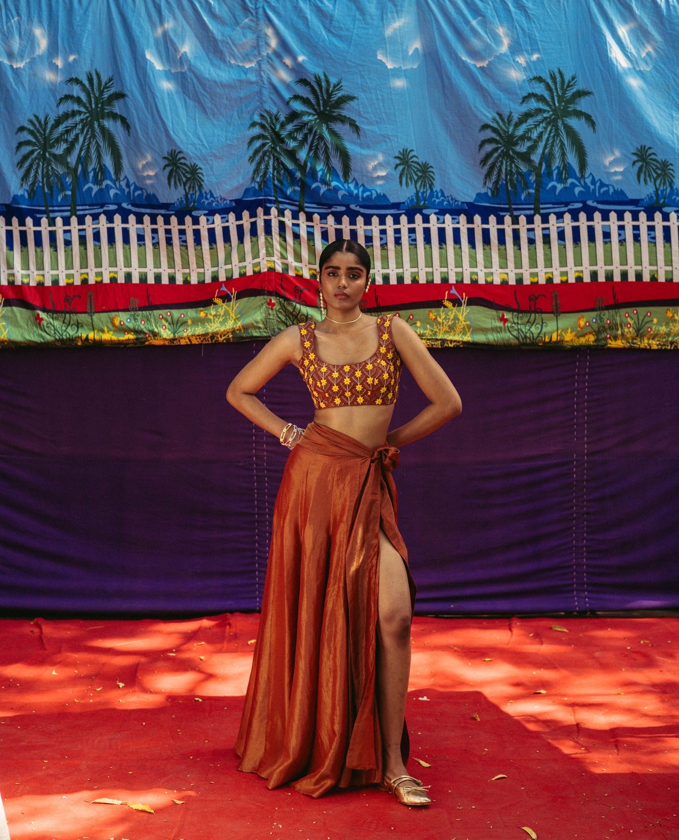 Red Embroidered Blouse Wrap Skirt Set