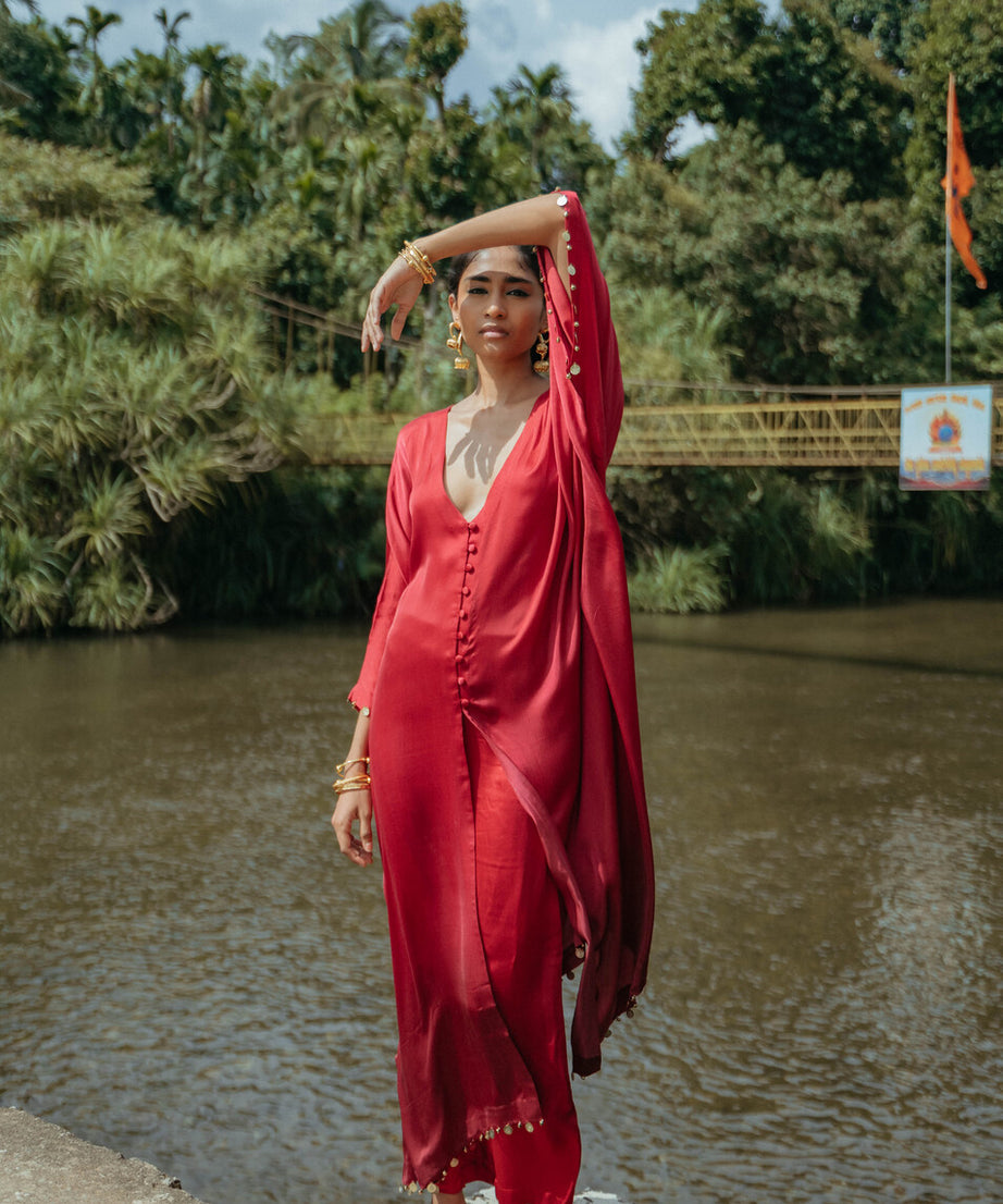 Red Shaded Oversized Kaftan Set