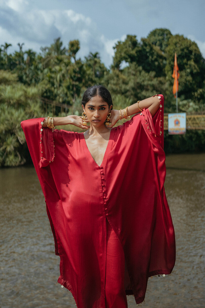 Red Shaded Oversized Kaftan Set