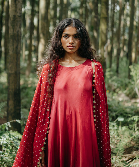 Red Shaded Tunic Bandhani Dupatta Set