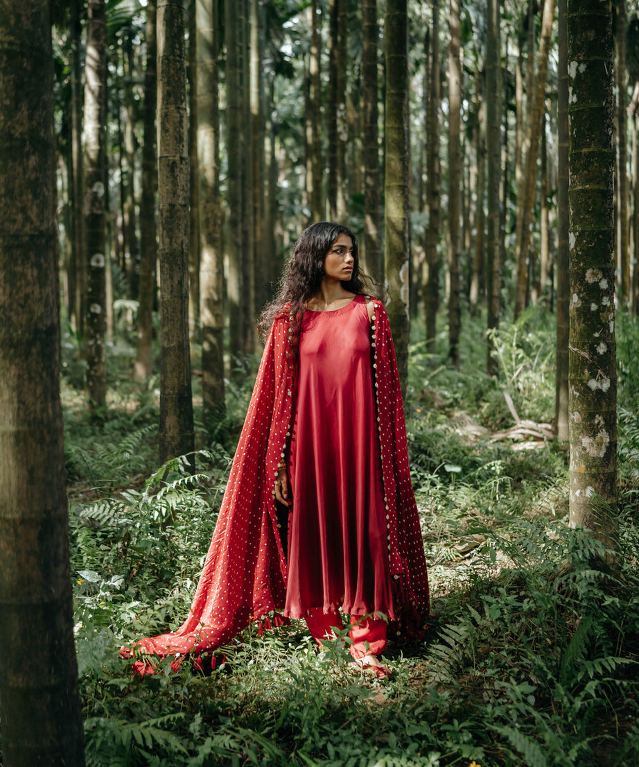 Red Shaded Tunic Bandhani Dupatta Set