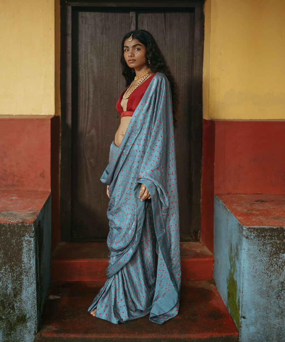 Red Blouse Sierra Silk Bandhani Sari Set