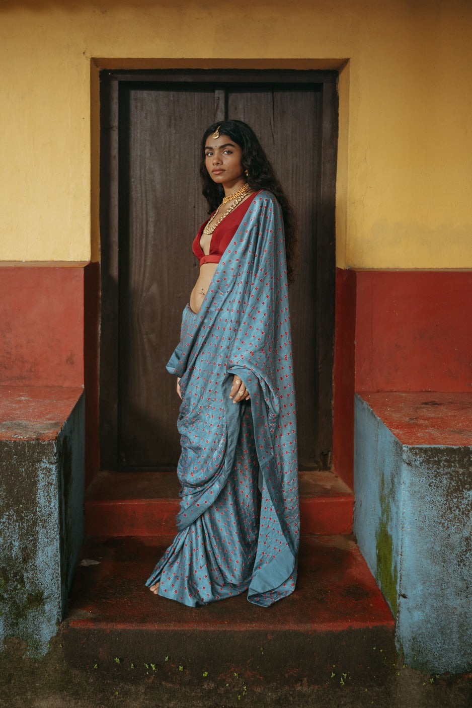 Red Blouse Sierra Silk Bandhani Sari Set