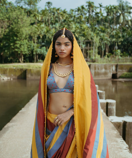 Stripped Block Print Sari Set