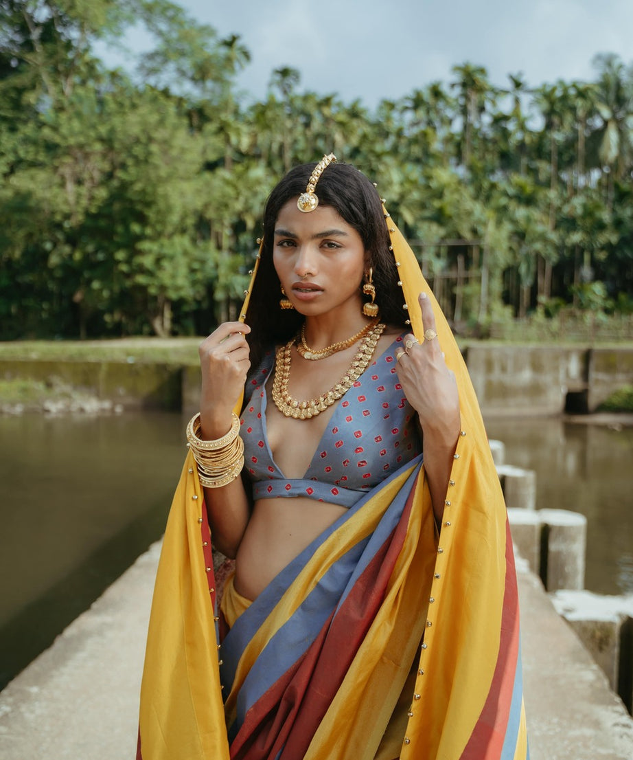 Stripped Block Print Sari Set