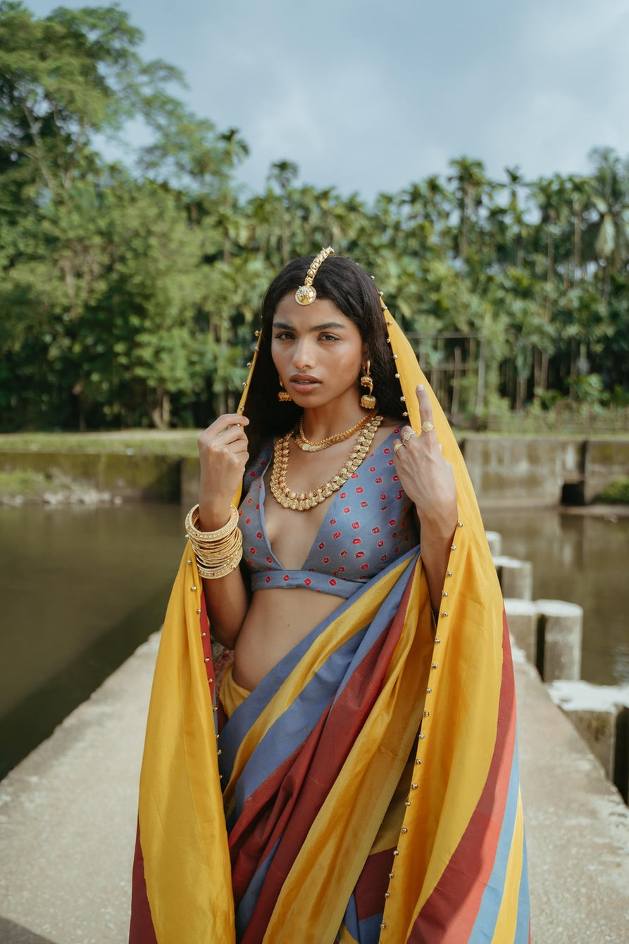 Stripped Block Print Sari Set