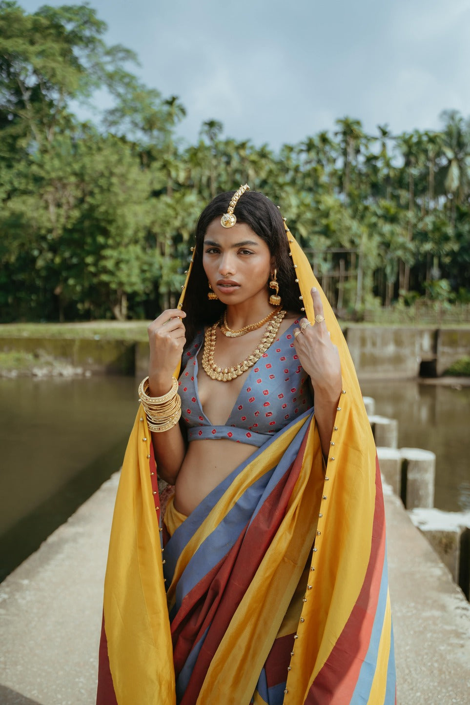 Stripped Block Print Sari Set