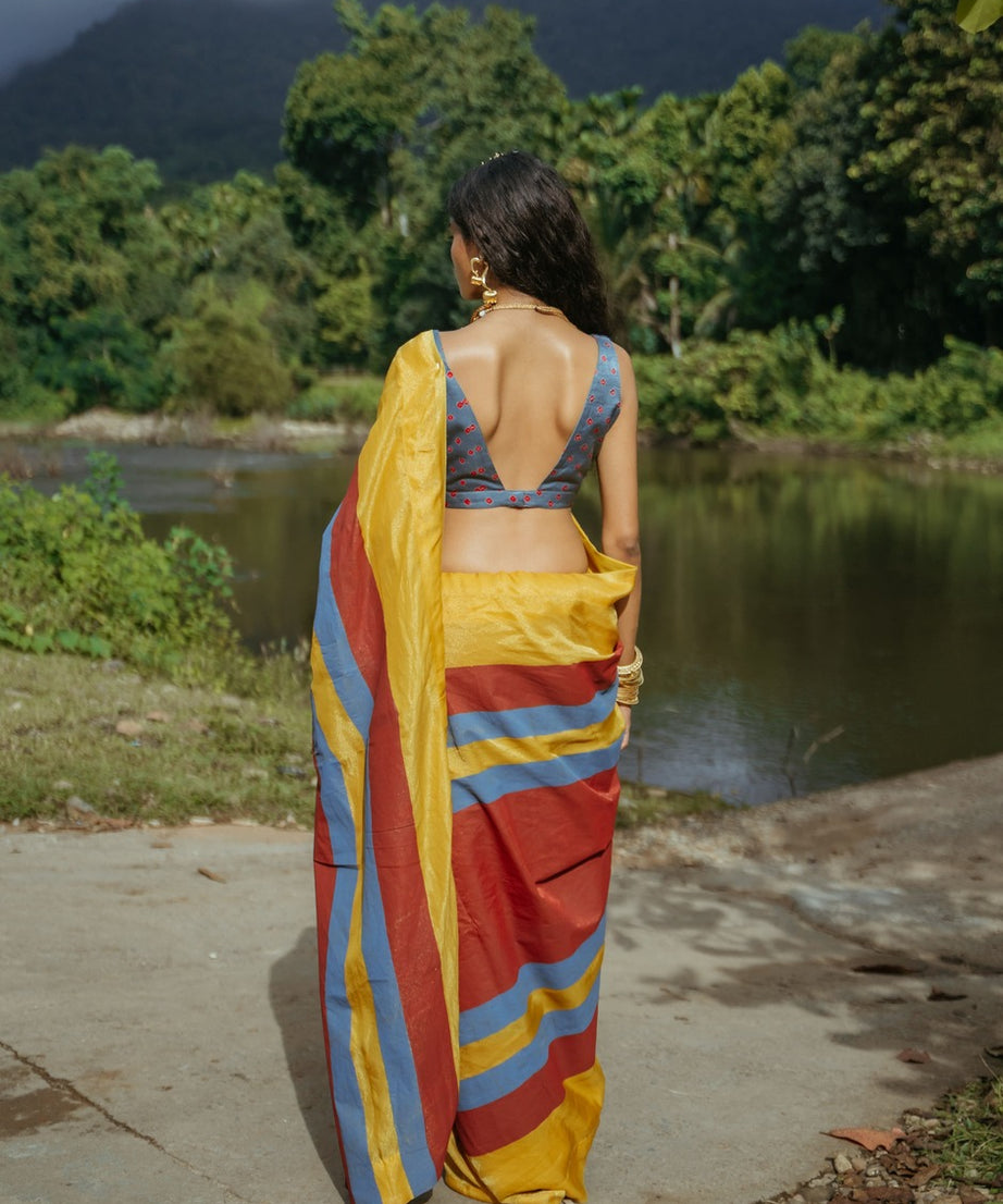 Stripped Block Print Sari Set