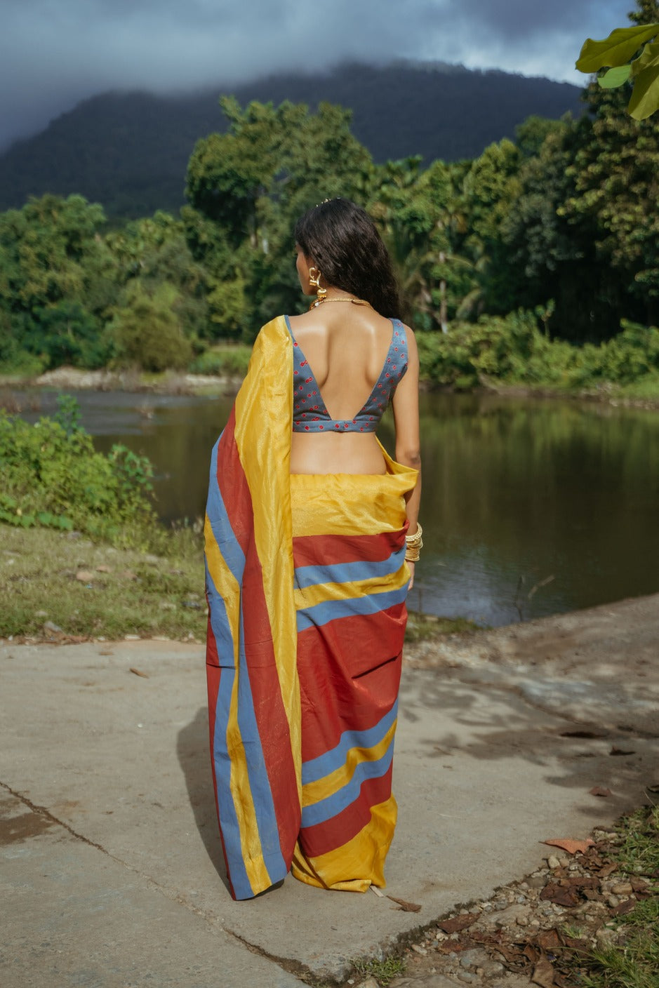 Stripped Block Print Sari Set