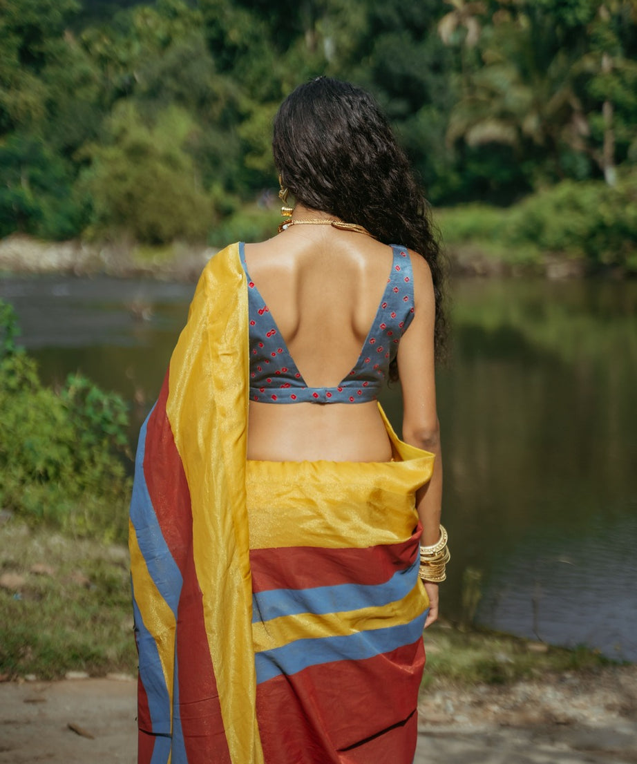Stripped Block Print Sari Set