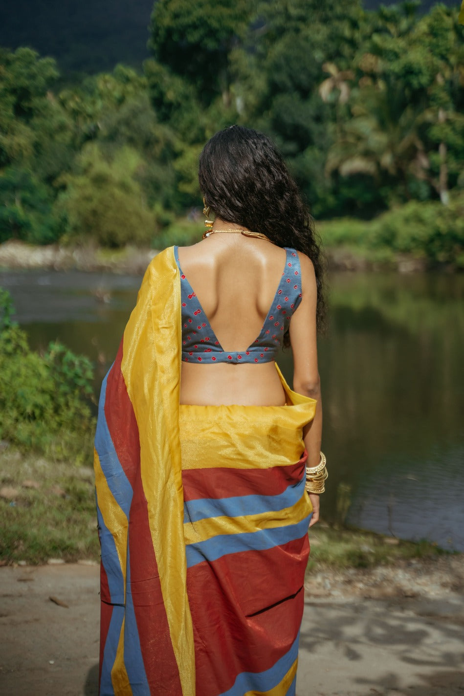 Stripped Block Print Sari Set