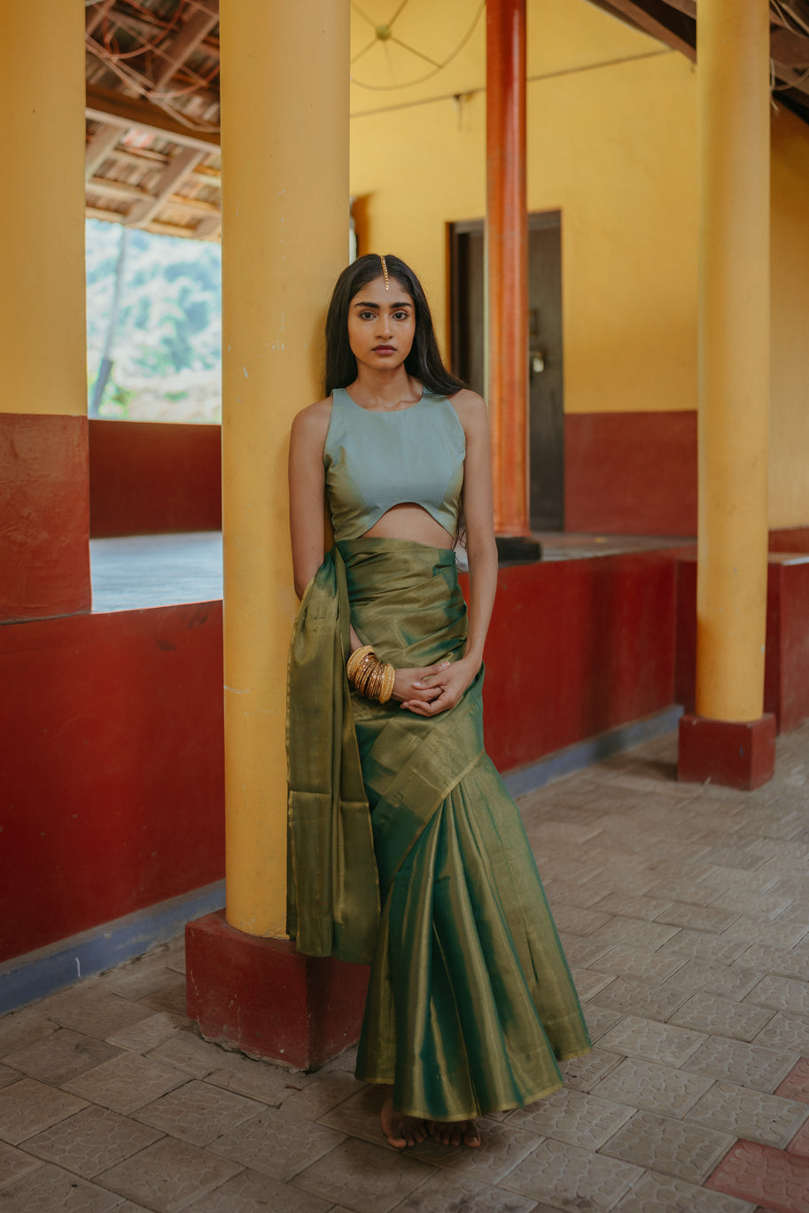 Corset Blouse Green Silk Sari Set