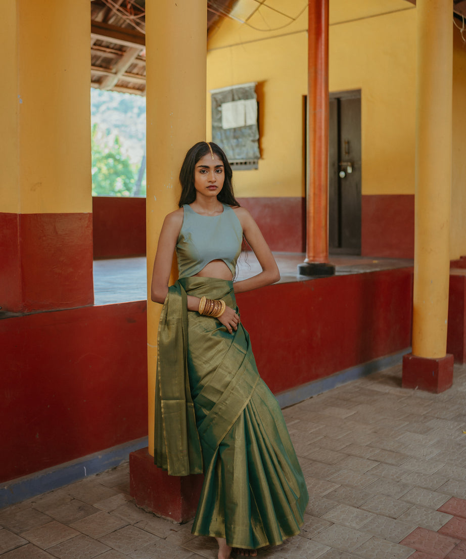Corset Blouse Green Silk Sari Set