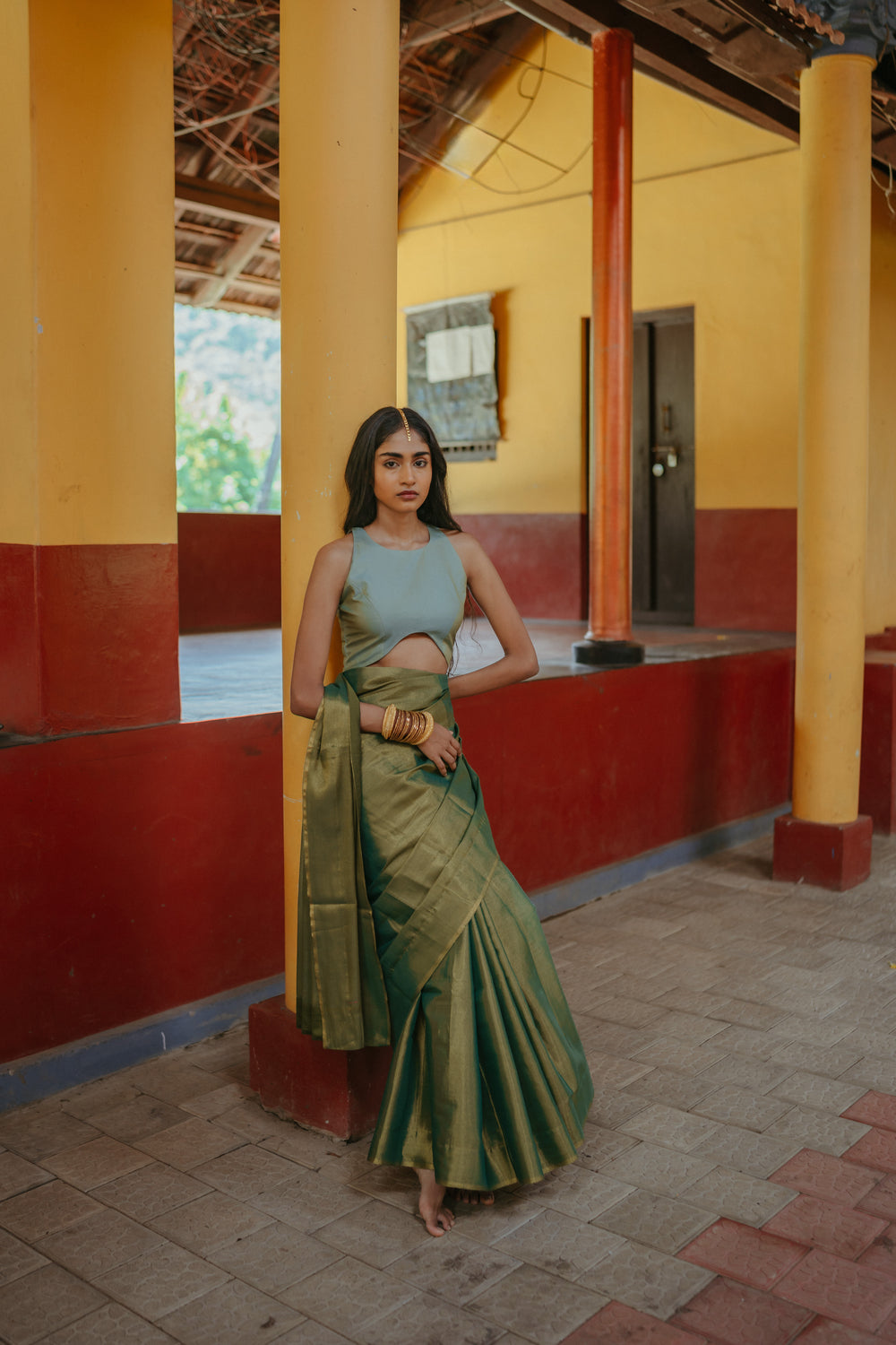 Corset Blouse Green Silk Sari Set