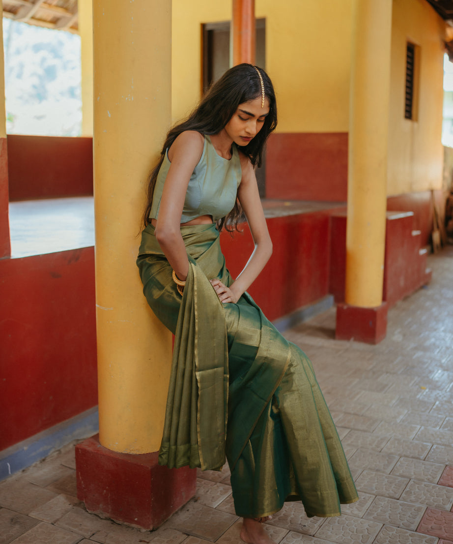 Corset Blouse Green Silk Sari Set