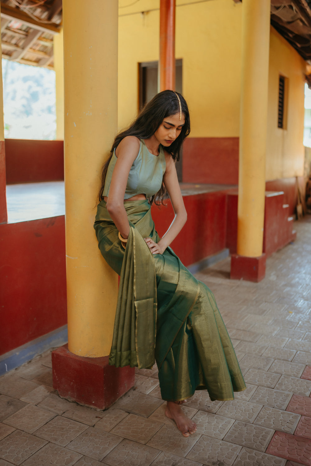 Corset Blouse Green Silk Sari Set