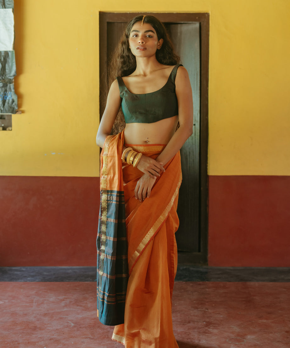 Rust Orange Silk Sari Set
