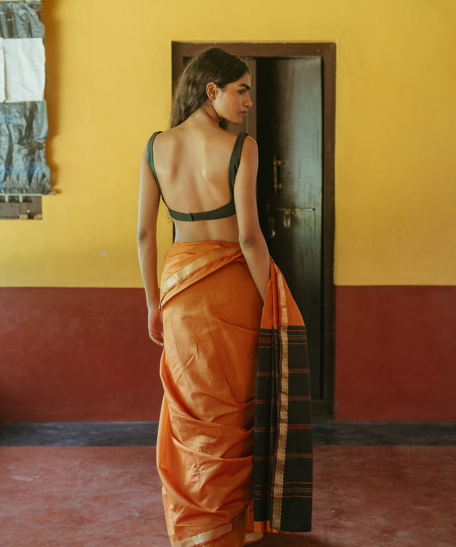 Rust Orange Silk Sari Set