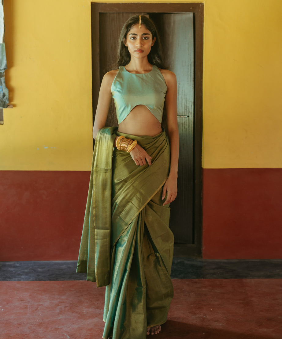 Corset Blouse Green Silk Sari Set