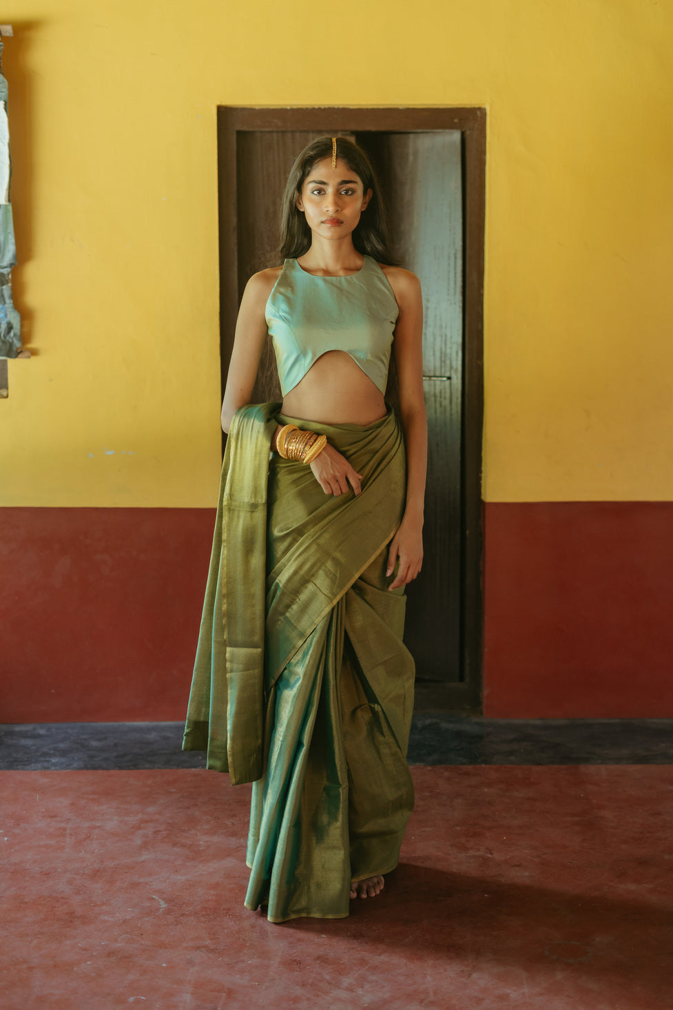 Corset Blouse Green Silk Sari Set
