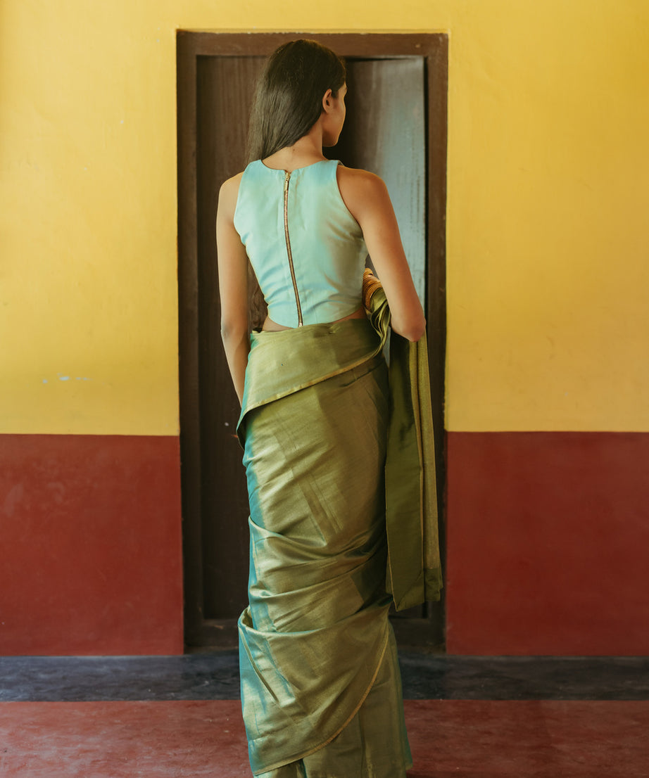 Corset Blouse Green Silk Sari Set