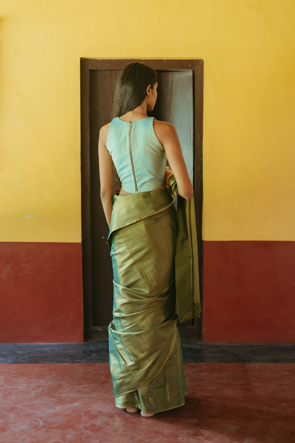 Corset Blouse Green Silk Sari Set